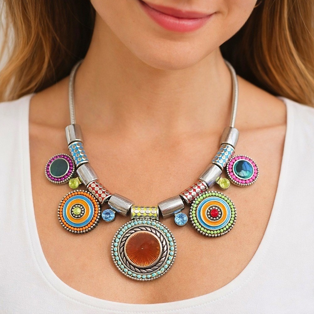 Mosaic Cabochon Statement Necklace Silver Tone Bib Boho Retro Pop Art Adjustable